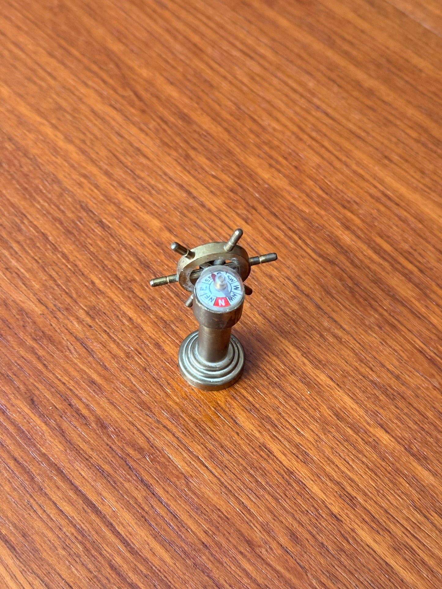 Vintage Miniature Brass Nautical Ship Wheel with Compass