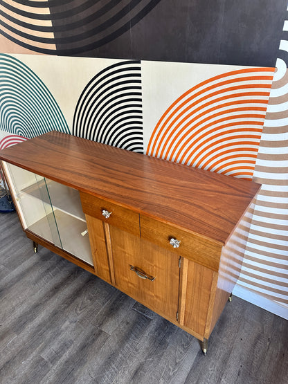 Vintage Walnut Sideboard with Sliding Glass Doors By Krug