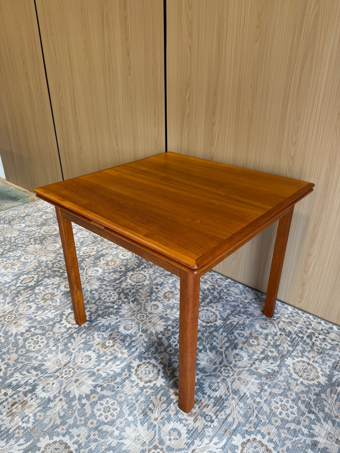 Refinished Rounded-Edge Square Teak Drop-Leaf Dining Table