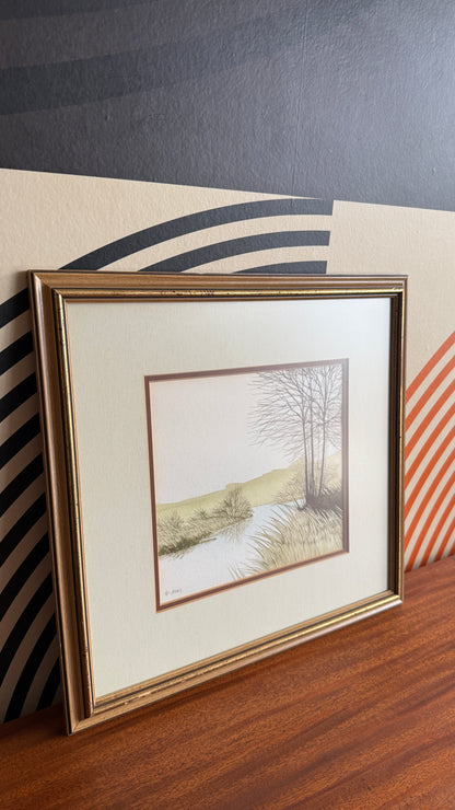 Framed River Landscape Watercolor (Signed)