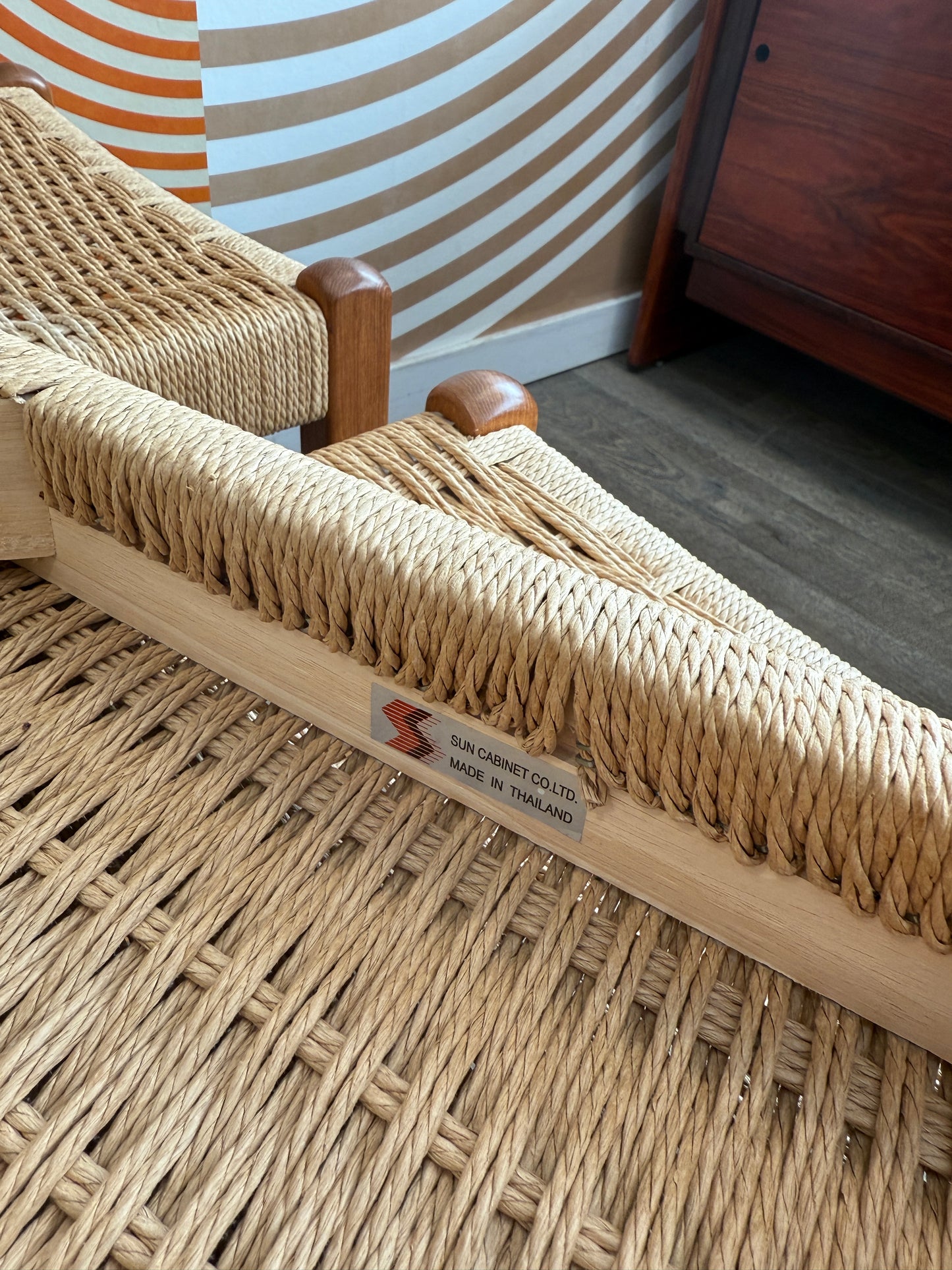 Vintage Teak and Papercord Stools by Sun Cabinet, Thailand