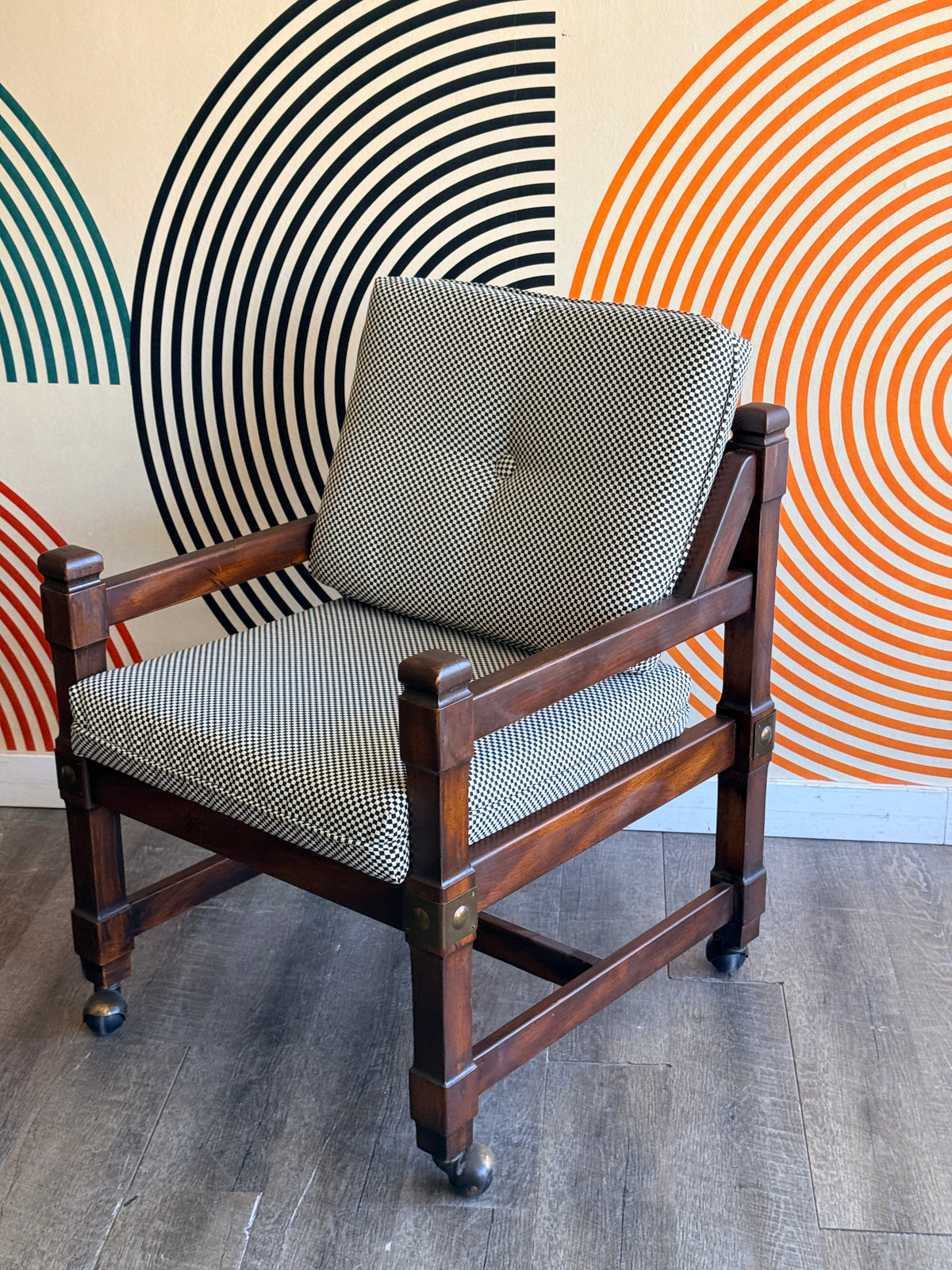 Vintage Wooden Chair with Checkered Upholstery