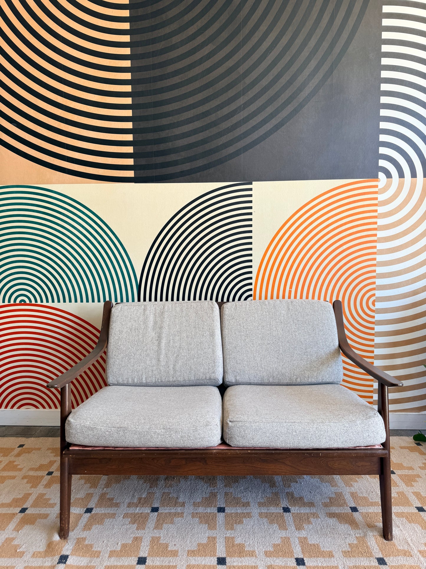 Vintage Mid Century Modern Wood Frame Loveseat