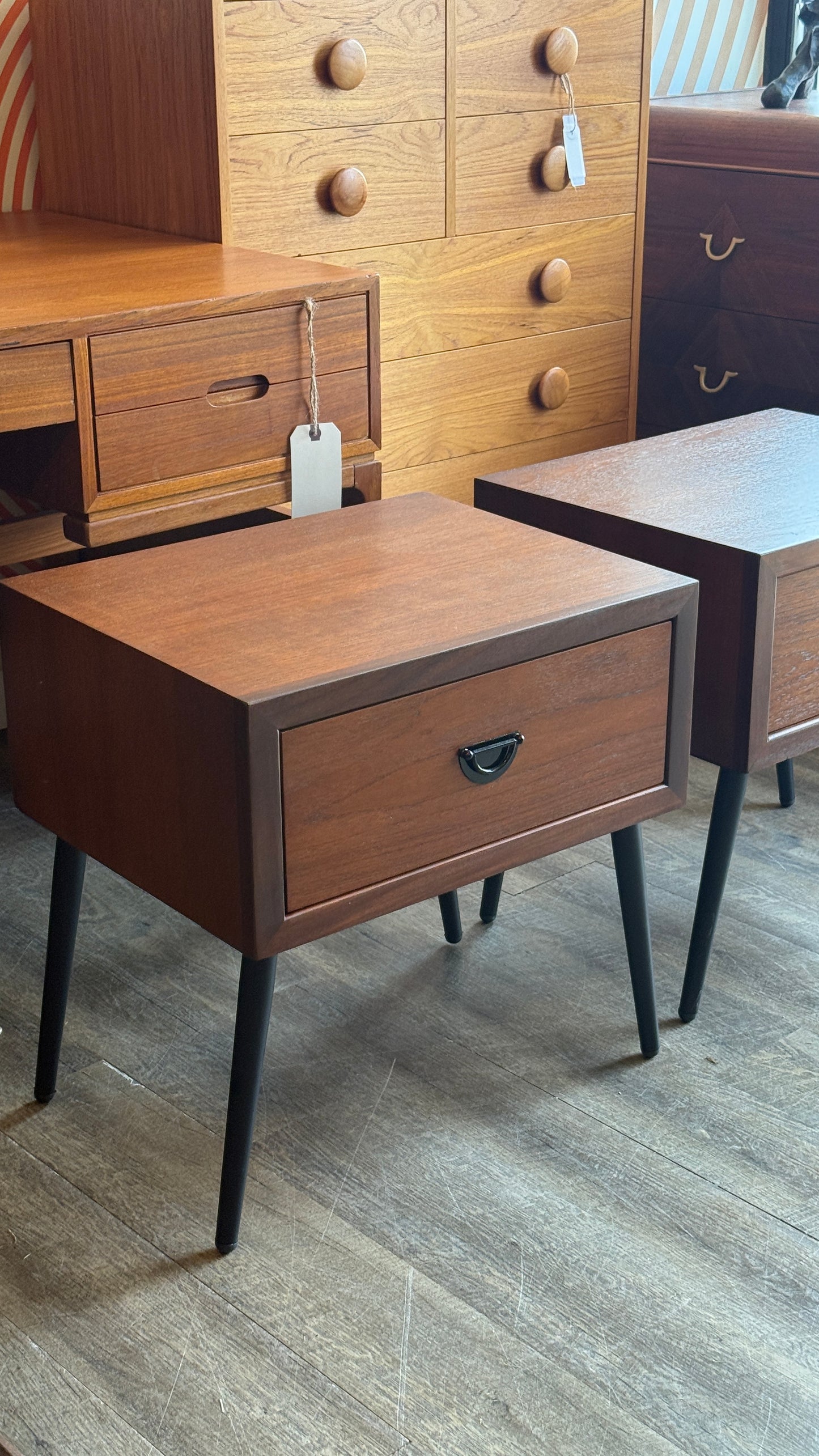 Pair of Vintage Teak Nightstands on Metal Legs