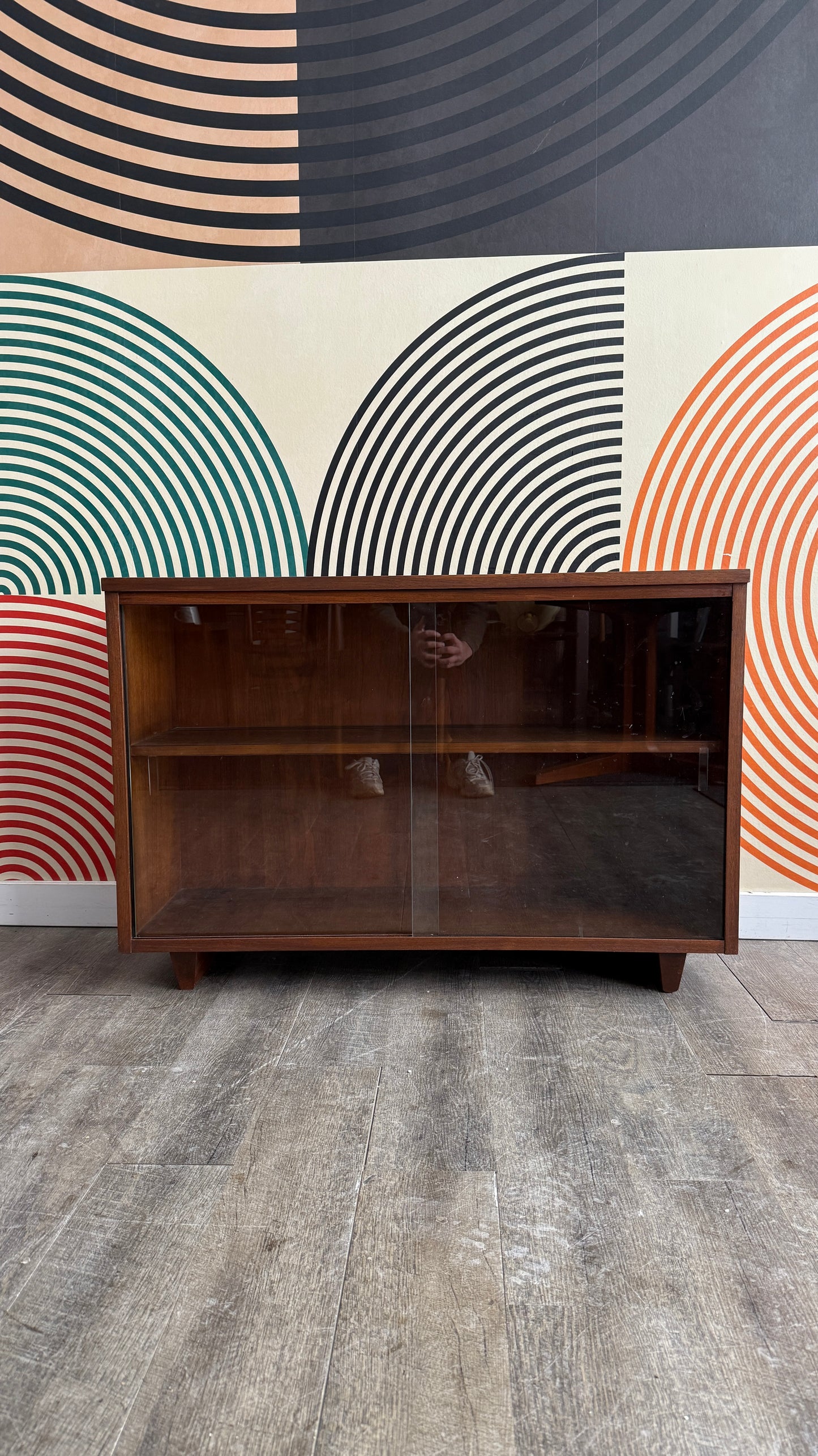 Vintage Walnut Bookcase with Sliding Glass Doors