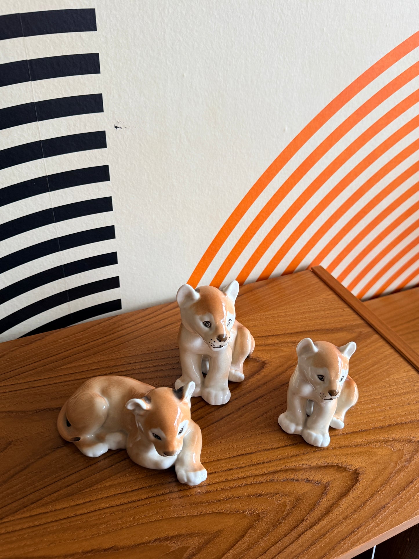 Vintage Lomonosov Porcelain Lion Cubs, Made in USSR
