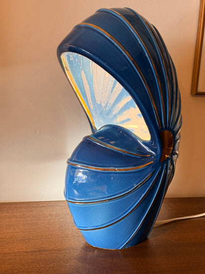 Vintage MCM Blue and Gold Ceramic Nautilus Lamp