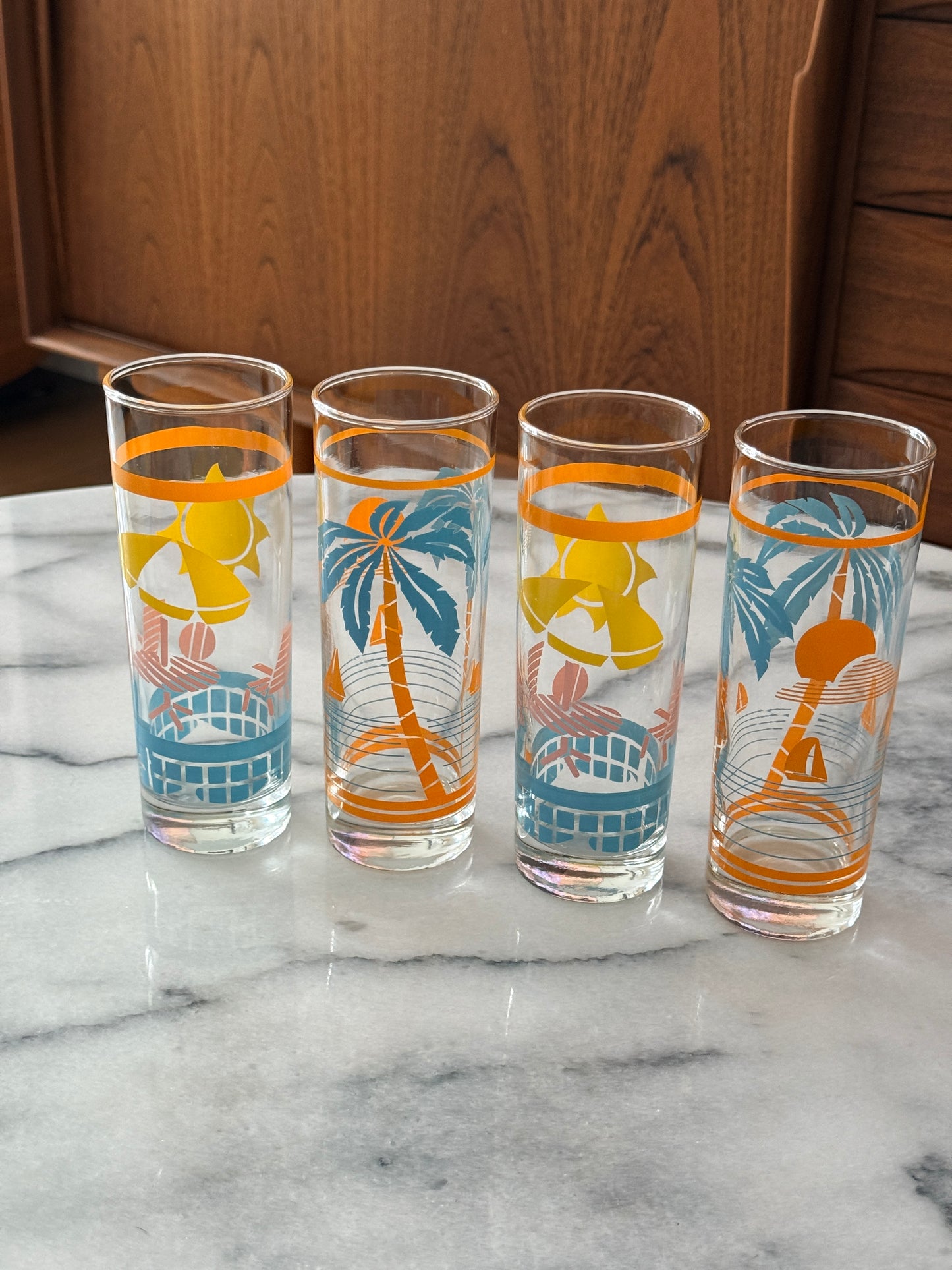 Set of 4 Tropical Beach Tom Collins Highball Glasses