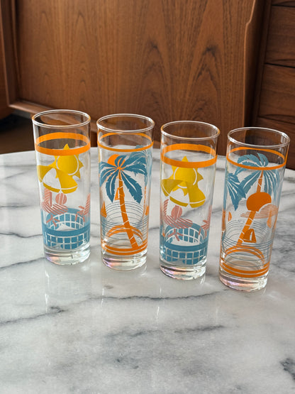 Set of 4 Tropical Beach Tom Collins Highball Glasses