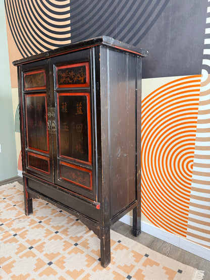 Antique Chinese Red & Black Lacquer Cabinet