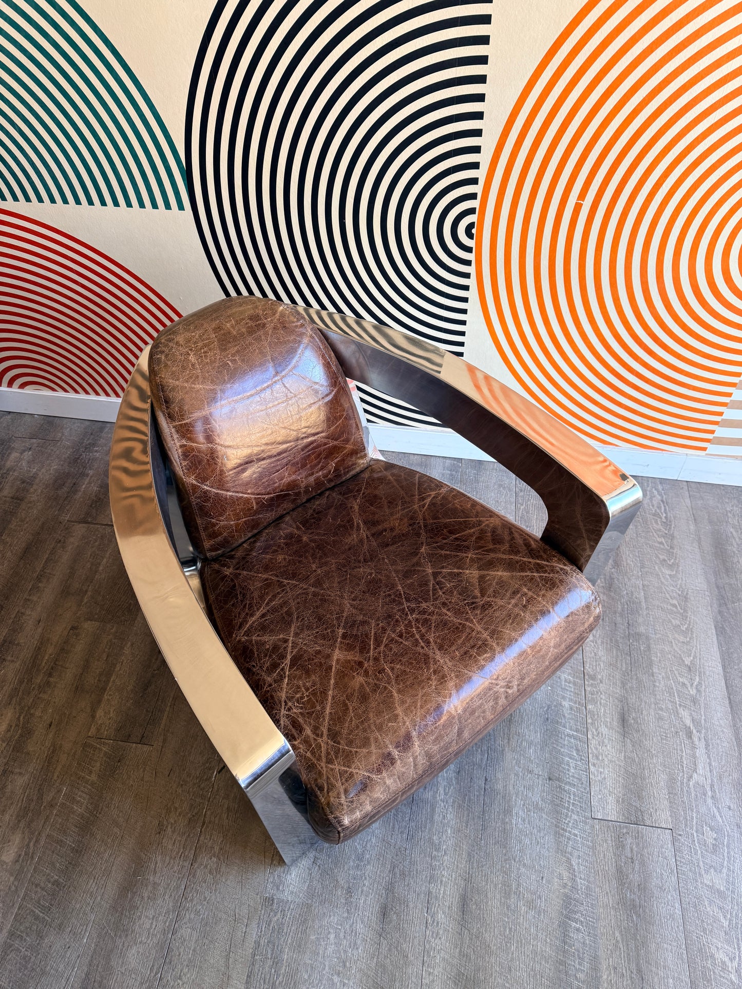 Timothy Oulton Style Chrome and Leather Armchair