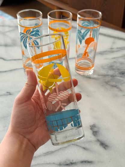 Set of 4 Tropical Beach Tom Collins Highball Glasses