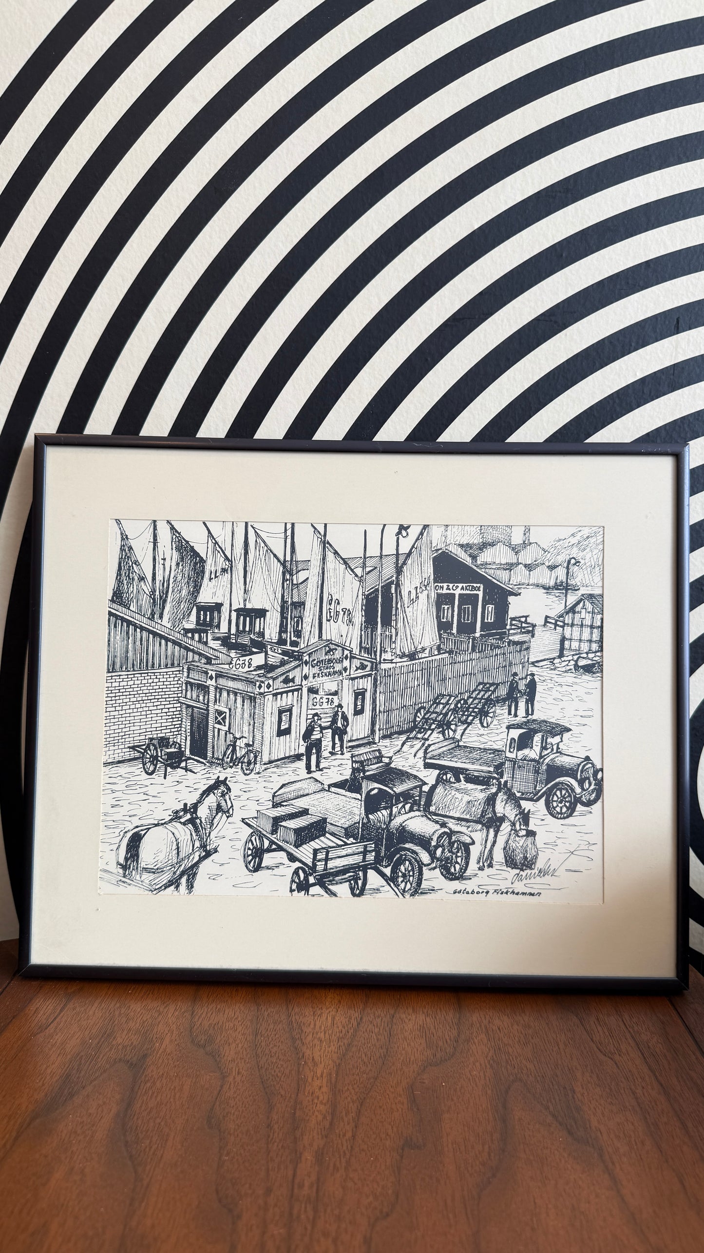 Vintage Framed Göteborg Fiskhamnen Print