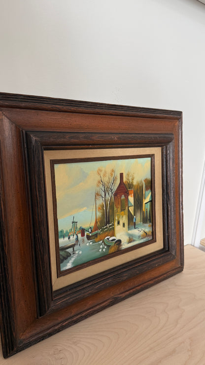Vintage Framed Village Scene Painting
