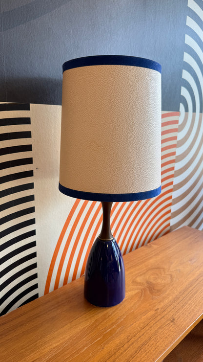 Vintage Walnut & Blue Ceramic Table Lamp