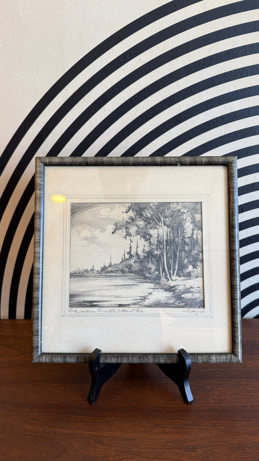 Vintage Landscape Drawing – Lake Waskesiu, Prince Albert National Park (Signed)
