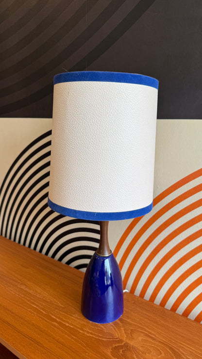 Vintage Walnut & Blue Ceramic Table Lamp