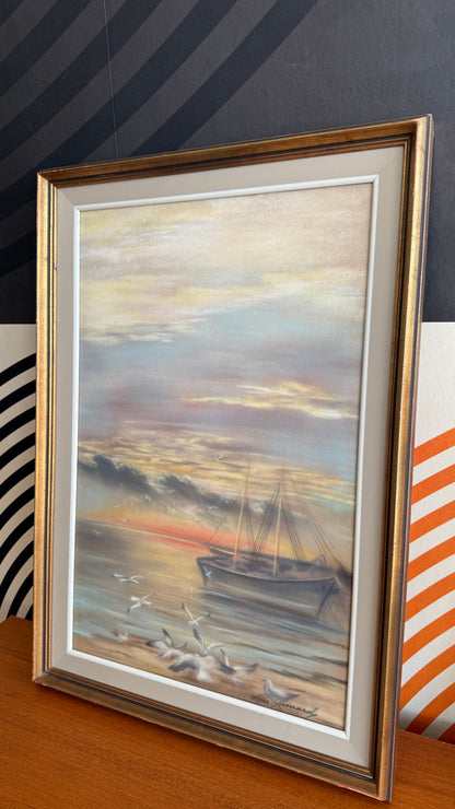 Vintage Coastal Seascape Oil Pastel, 1968
