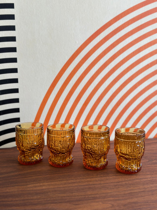 Set of 4 Vintage Textured Amber Glasses