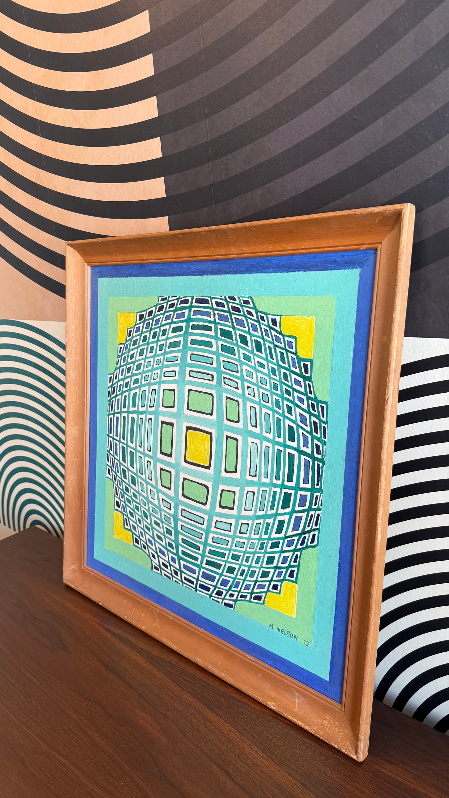Vintage Geometric Abstract Painting – Signed M. Nelson (1972)