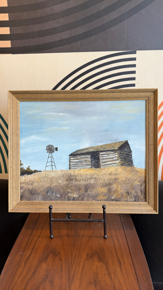Vintage Prairie Cabin Landscape Painting