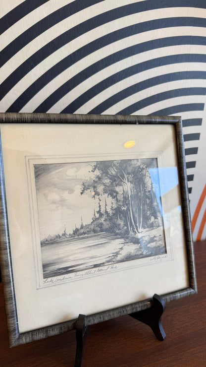 Vintage Landscape Drawing – Lake Waskesiu, Prince Albert National Park (Signed)