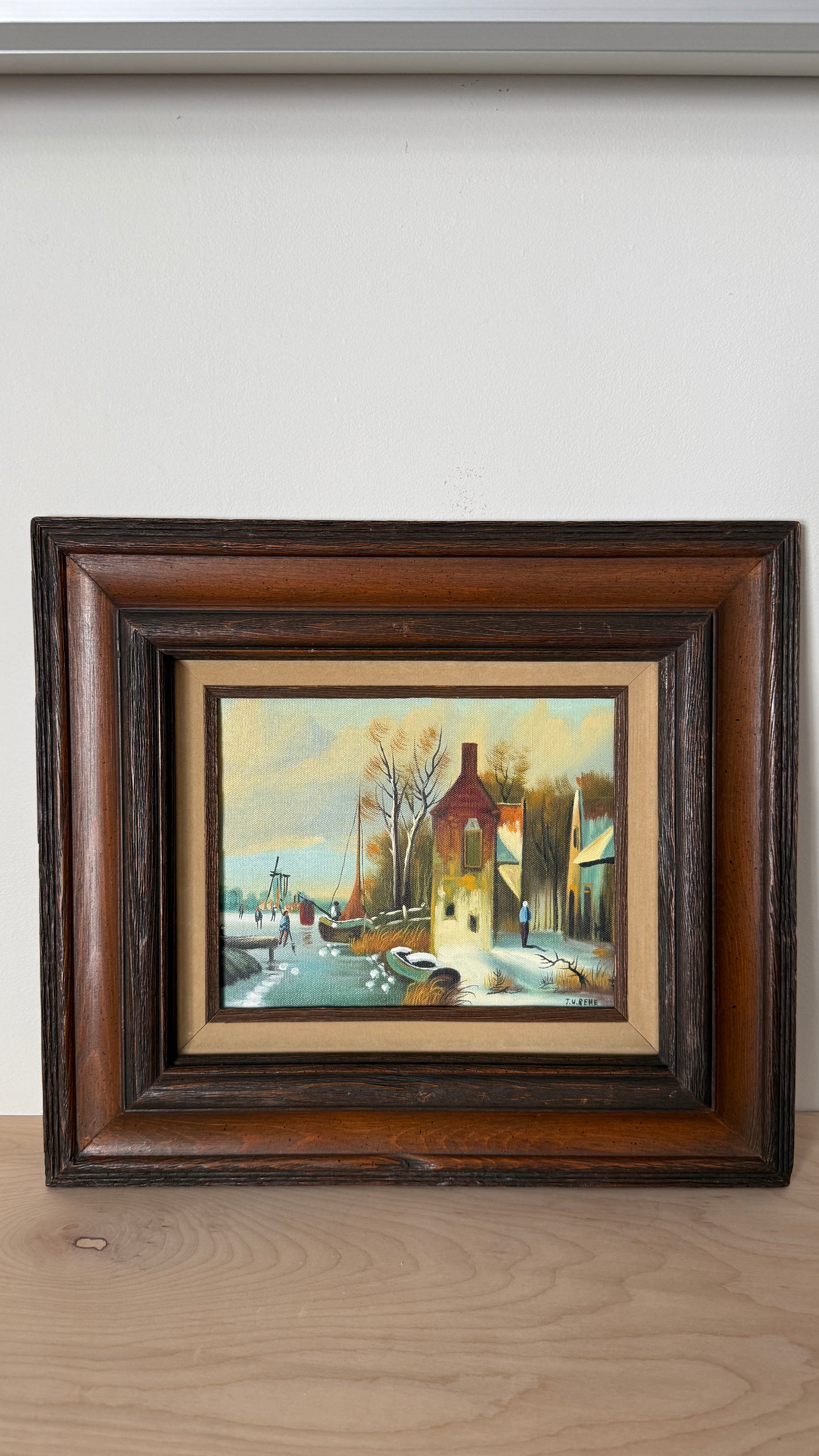 Vintage Framed Village Scene Painting