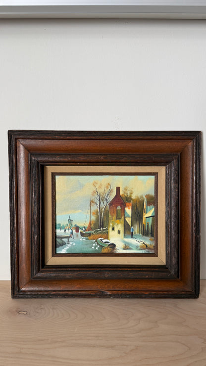 Vintage Framed Village Scene Painting