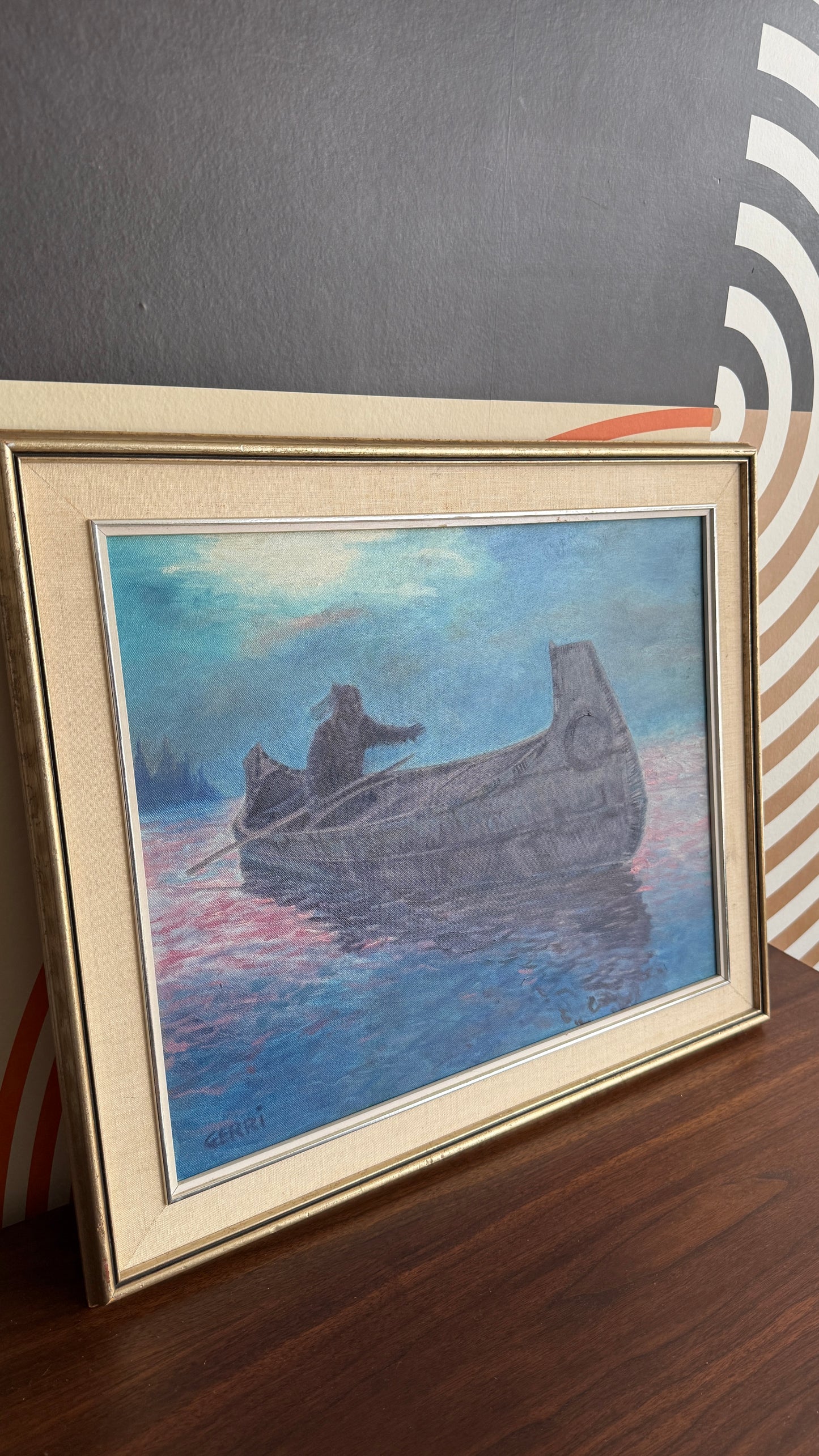 Vintage Framed Painting “Gerri” – Canoe Scene