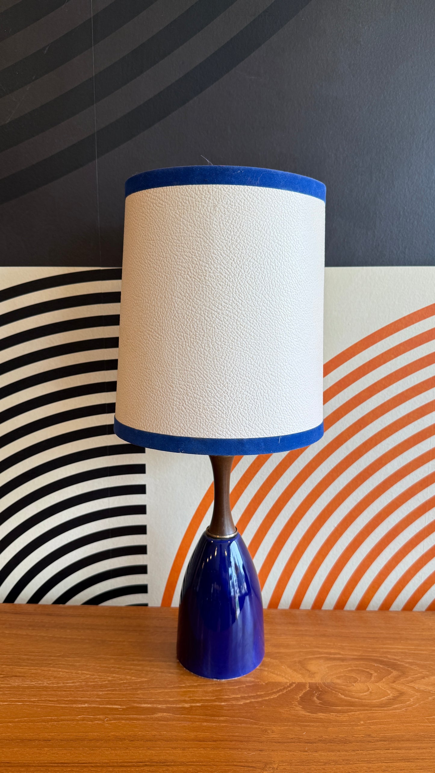 Vintage Walnut & Blue Ceramic Table Lamp