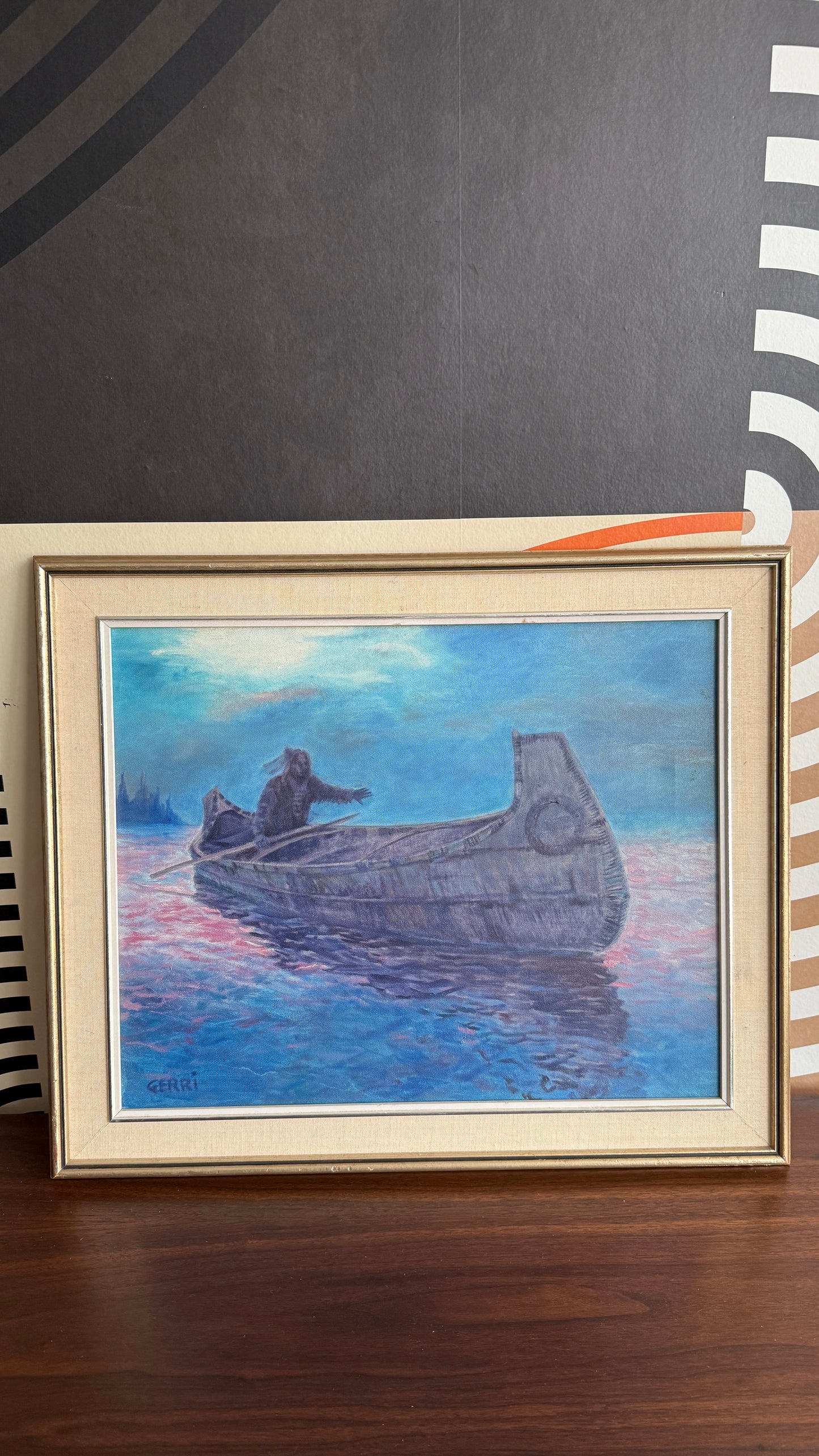 Vintage Framed Painting “Gerri” – Canoe Scene