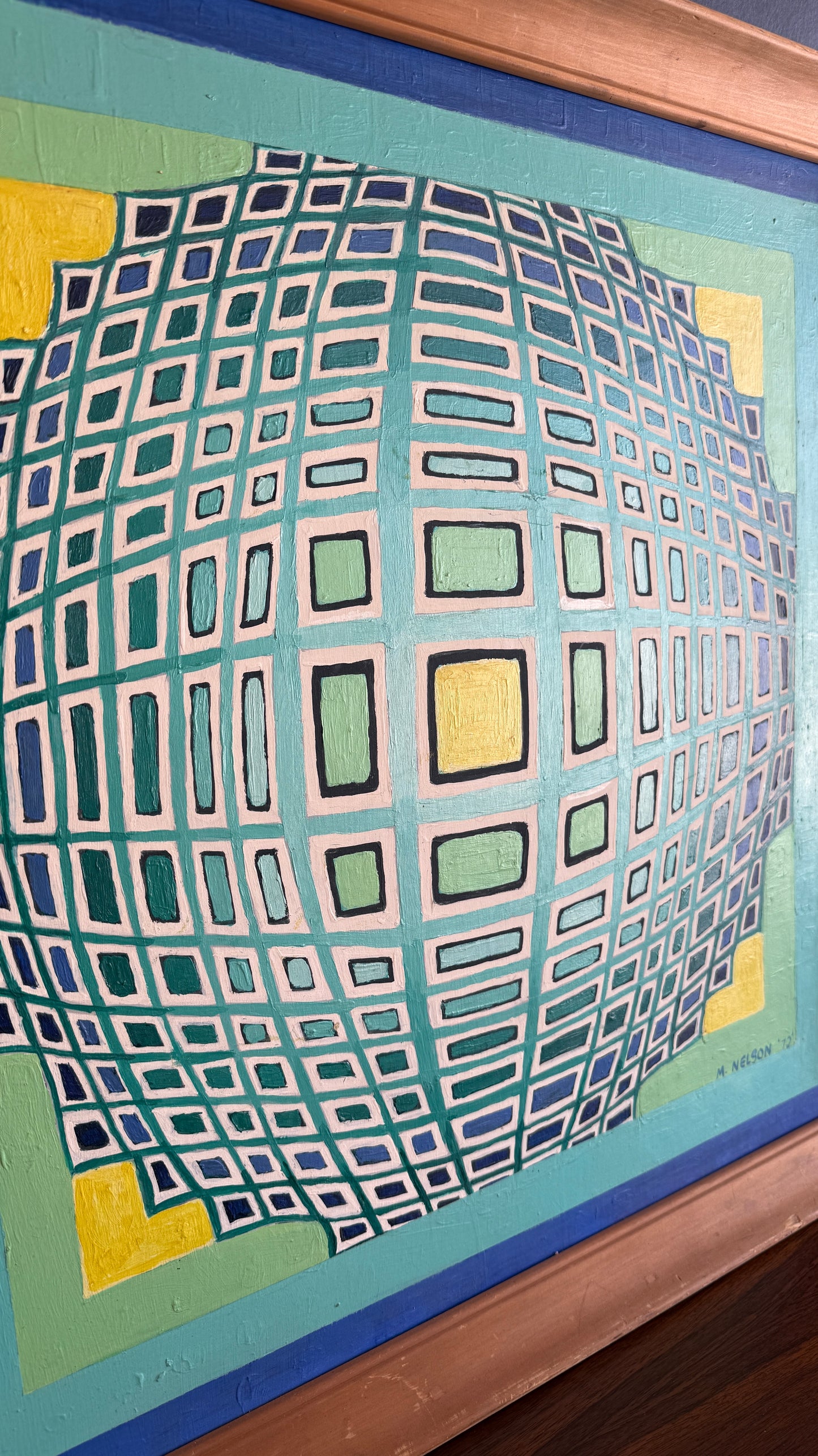 Vintage Geometric Abstract Painting – Signed M. Nelson (1972)