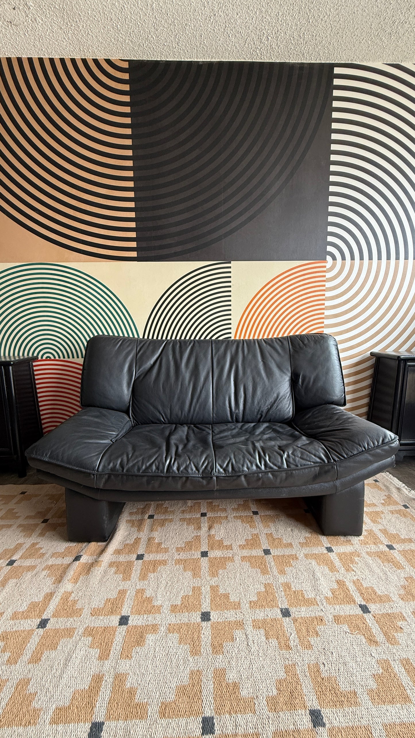 Vintage 1980s Italian Black Leather Loveseat designed by Nicoletti Salotti