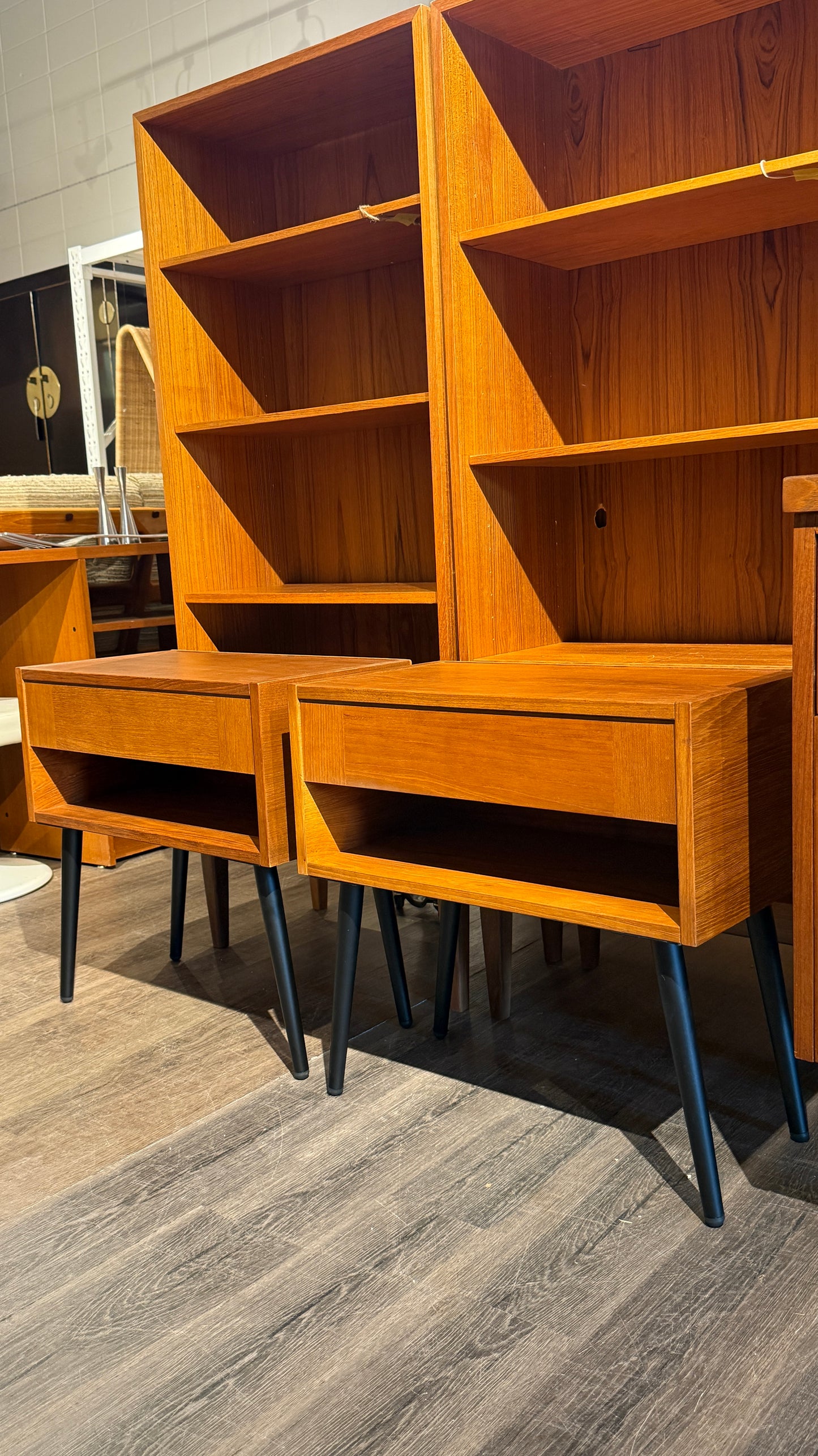Pair of Vintage Teak Nightstands on Metal Legs