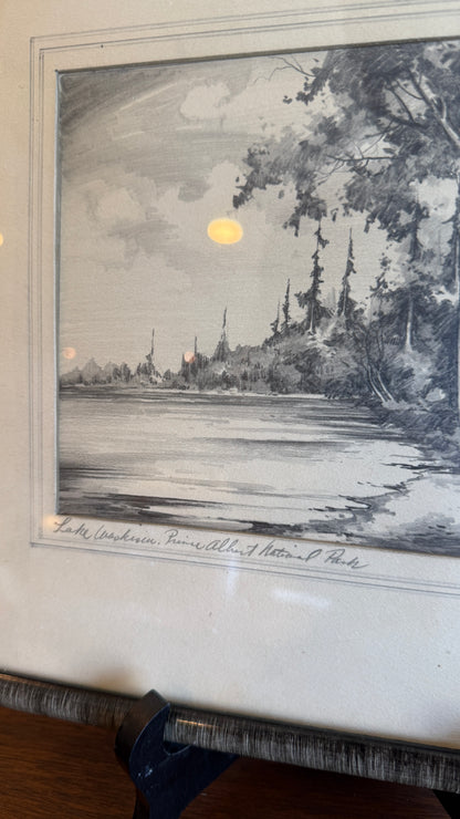 Vintage Landscape Drawing – Lake Waskesiu, Prince Albert National Park (Signed)