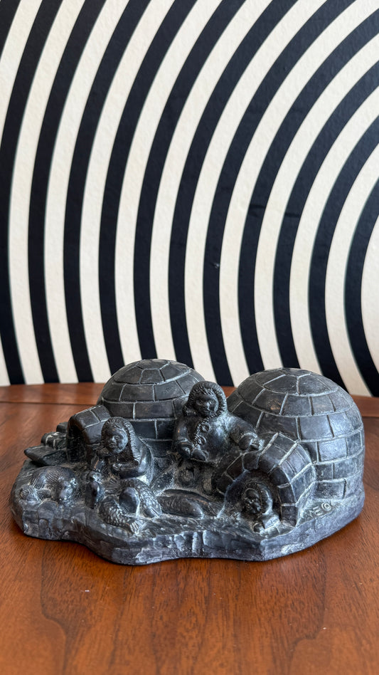 Inuit Soapstone Igloo Scene Sculpture – Wolf Original