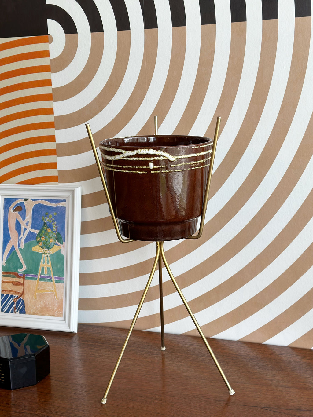 Vintage MCM Gold Tripod Plant Stand with W. Germany Pot