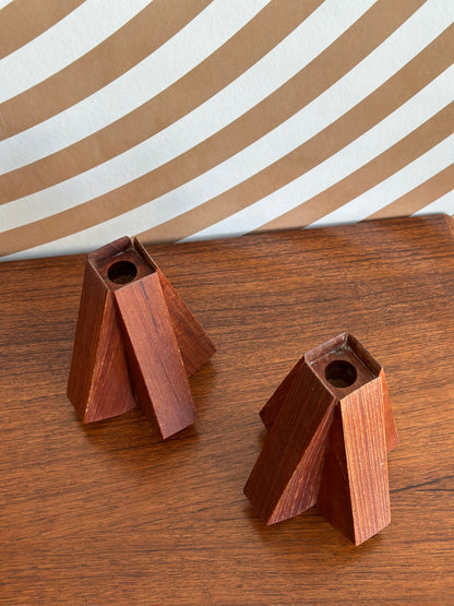 Pair of Solid Teak Candle Holders