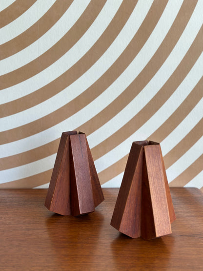 Pair of Solid Teak Candle Holders