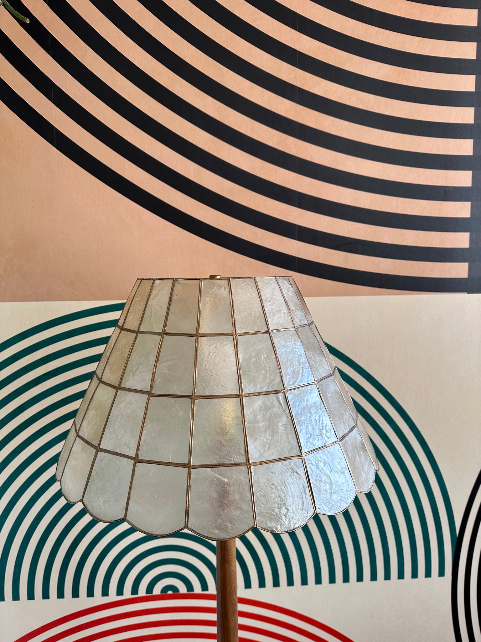 Vintage Solid Teak Floor Lamp with a Capiz Shade