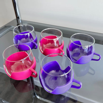 Set of 5 Glasses With Purple and Pink Plastic Holders