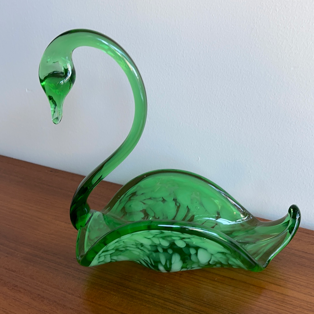 Vintage Green Blown Swan Glass