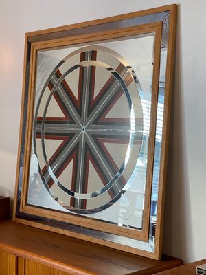 1970s Greg Copeland Geometric OP Art Mirror with Oak Frame